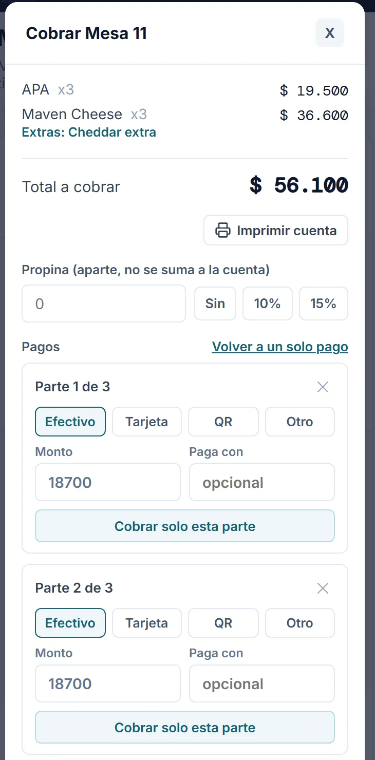 Cobro de una mesa dividido en tres partes
